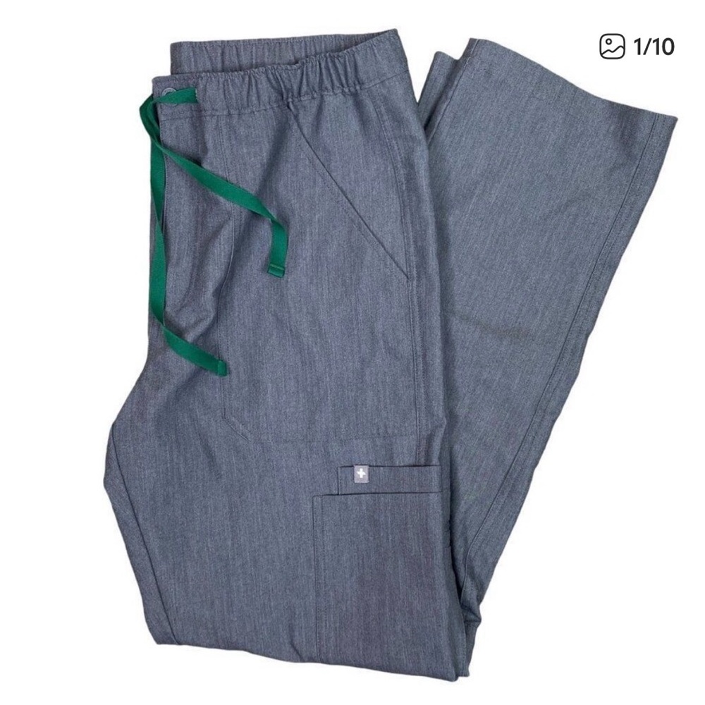 Figs Women Wide Leg Scrub Pants in Heathered Gray with Green Drawstring